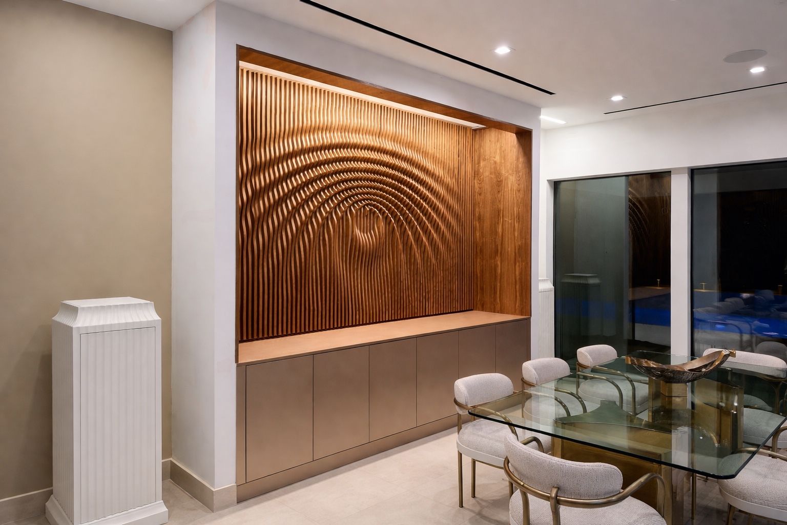 Sculpted walnut wave feature wall above a built-in dining credenza