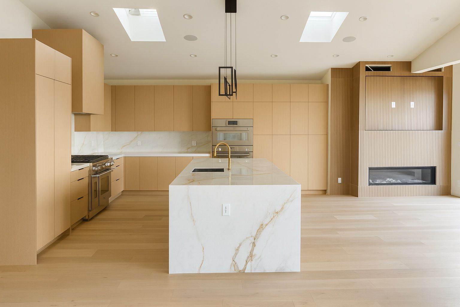 Bright white oak kitchen under skylights with a marble waterfall island