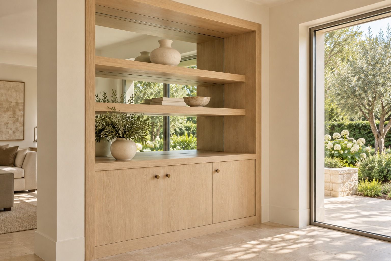 White oak display cabinet with floating shelves above slab-door base cabinets