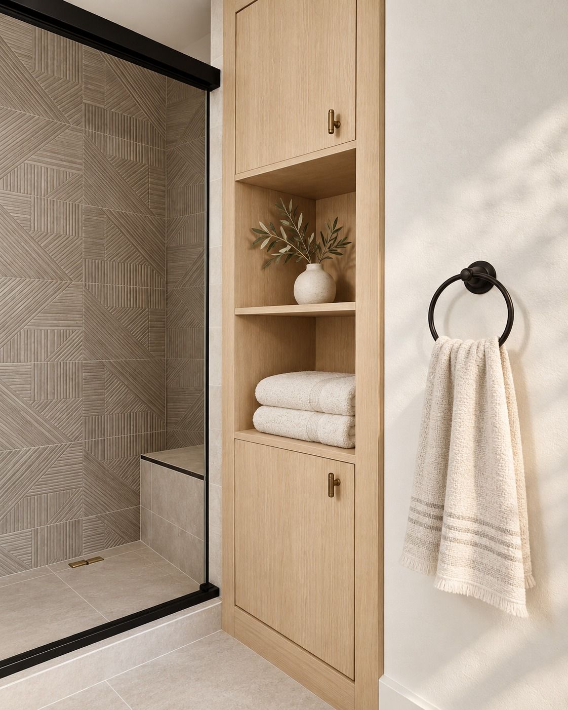 White oak linen tower beside a tiled walk-in shower