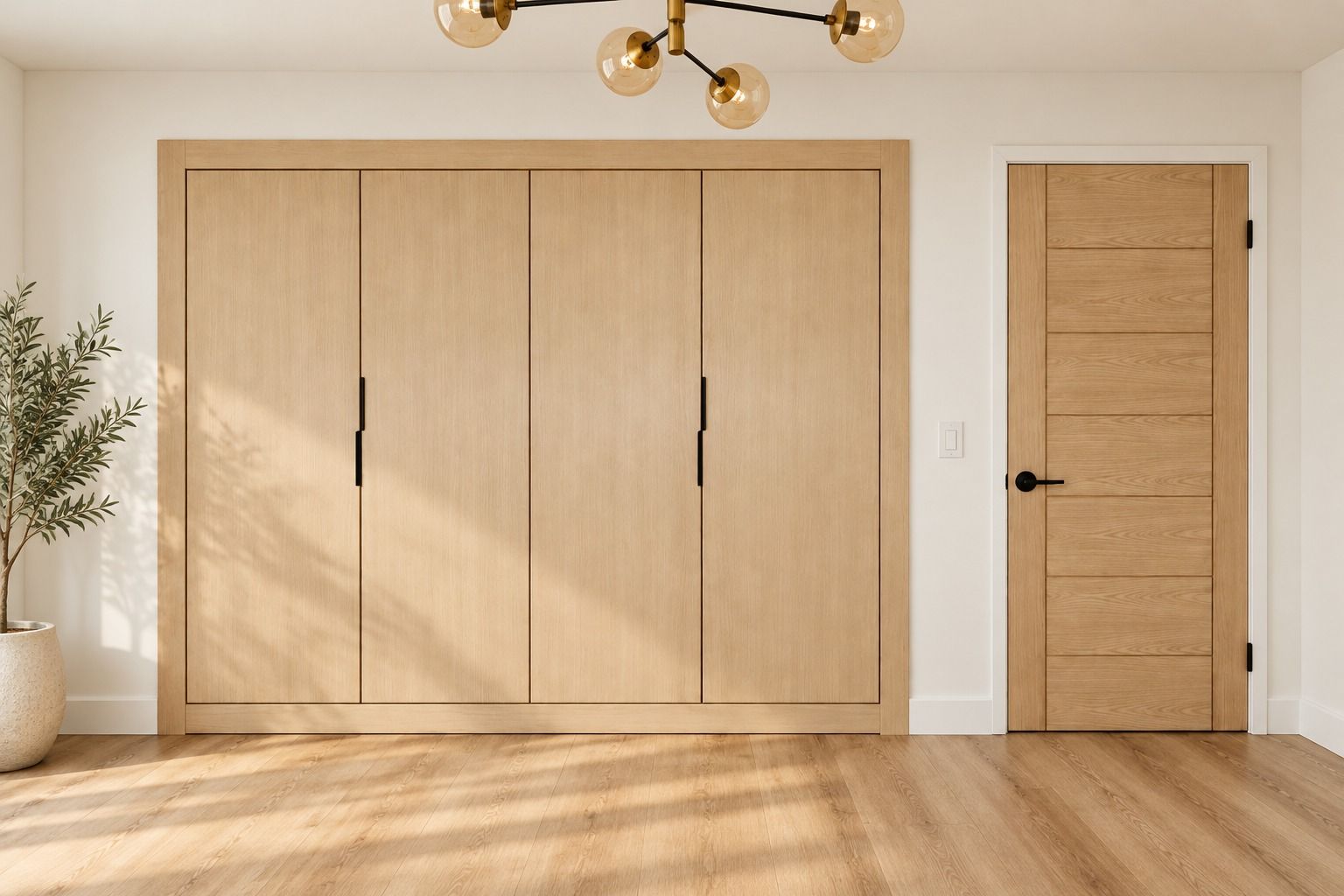 Four-door white oak wardrobe wall with black bar pulls under a brass chandelier